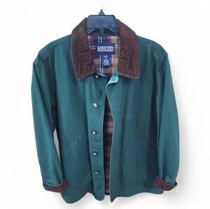 Land's End Oversized Green Cotton Chore Coat with Brown Corduroy Collar Size L